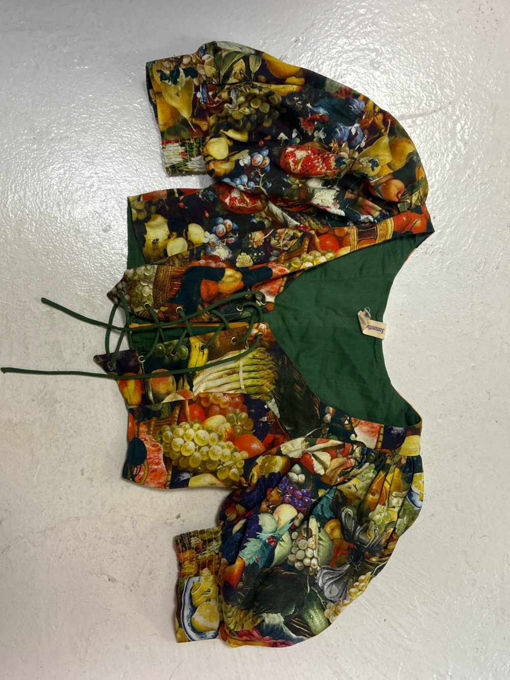 Samantha Pleet Multi-Colored Fruit Print Lace-Up Corset Crop Top Puffy Sleeves - Picture 6 of 9